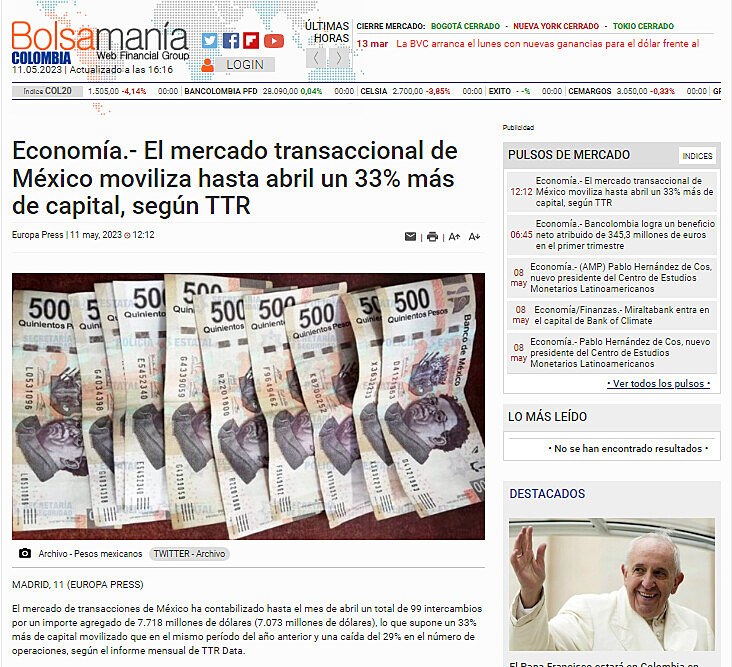 Economa.- El mercado transaccional de Mxico moviliza hasta abril un 33% ms de capital, segn TTR